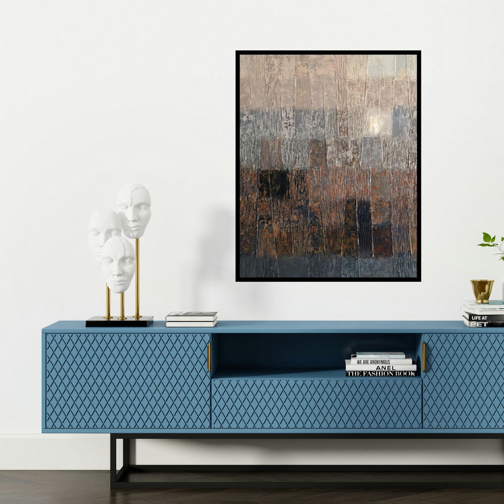 'Innerscapes 39 (Layers of the Earth)' painting by Gayatri Deshpande shown on a wall in a furnished room.