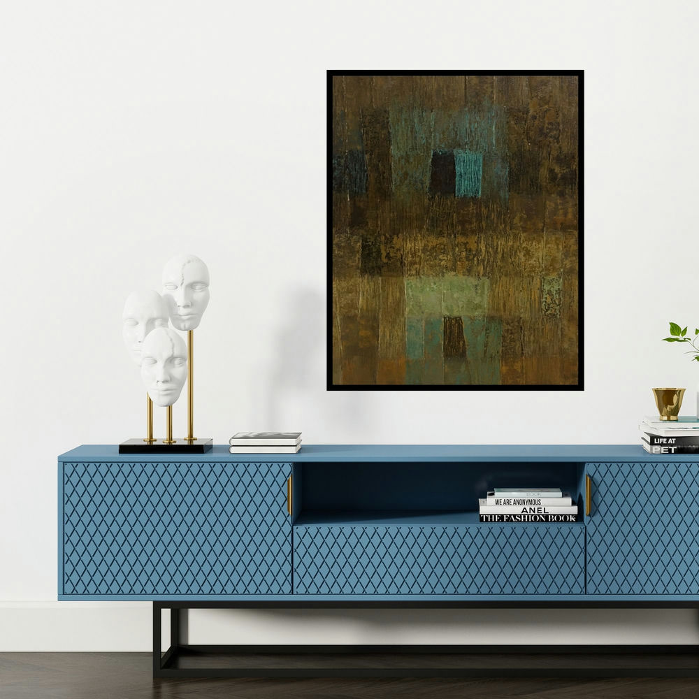 'Innerscapes 40 (Composition in Earthy Tones)' painting by Gayatri Deshpande shown on a wall in a furnished room.