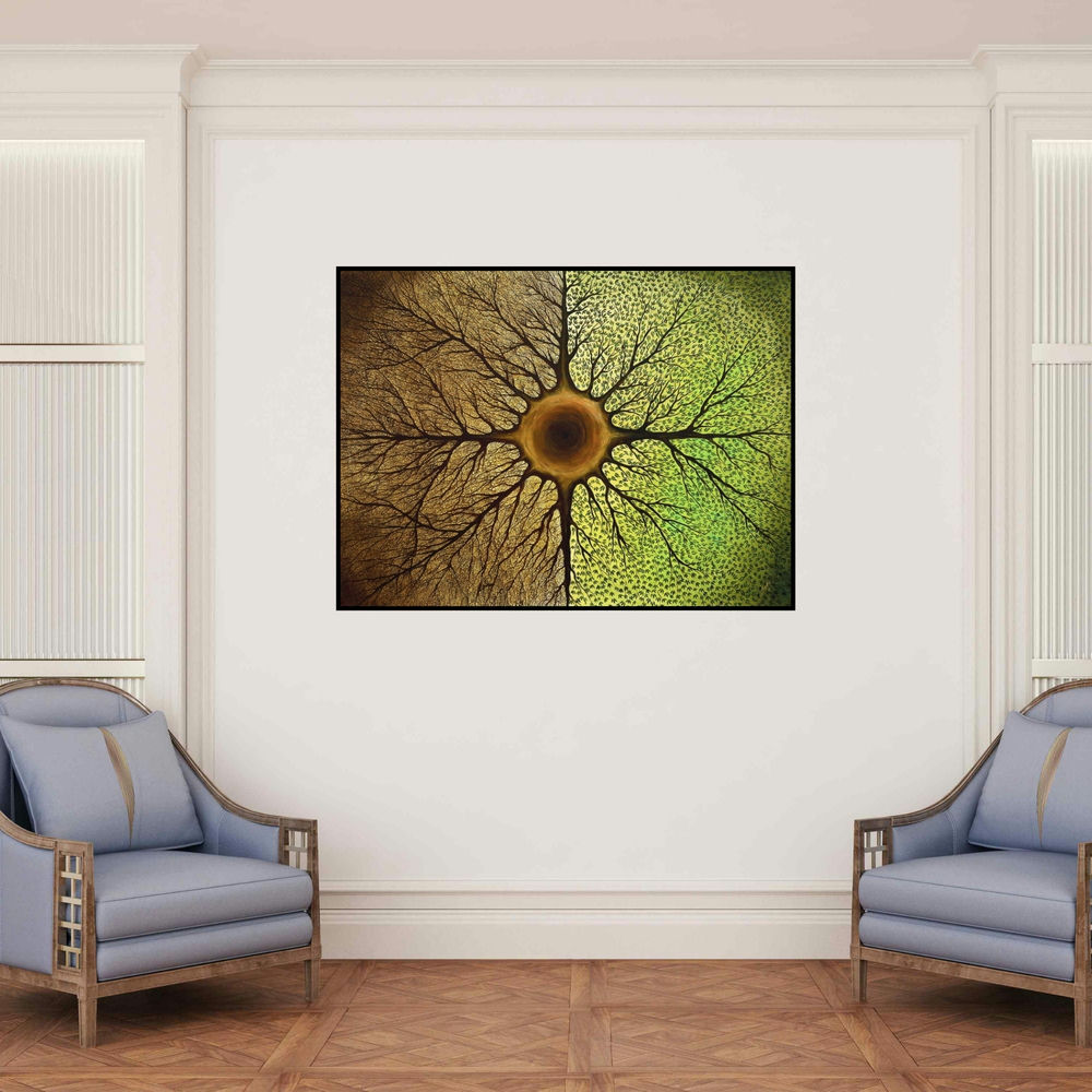 'Insideoutside' painting by Seby Augustine shown on a wall in a furnished room.