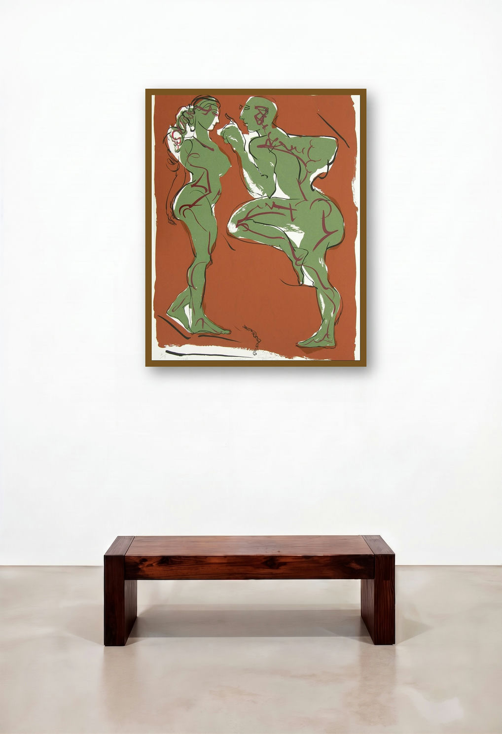 Interaction (Green Figures) by artist Jatin Das displayed in a Japandi Home Office