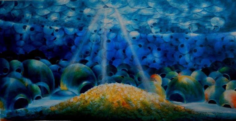Figurative acrylic painting titled 'Into The Sea', 30x61 inches, by artist Ranchhor Meghwal on Canvas