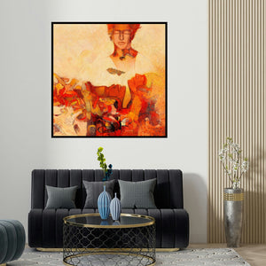 Braj Mohan Arya's 'Introspection 3 (Introspection 3)' painting visualized above a sofa in a contemporary room.