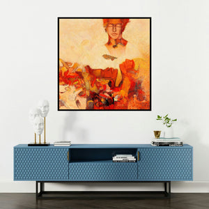 'Introspection 3 (Introspection 3)' painting by Braj Mohan Arya shown on a wall in a furnished room.