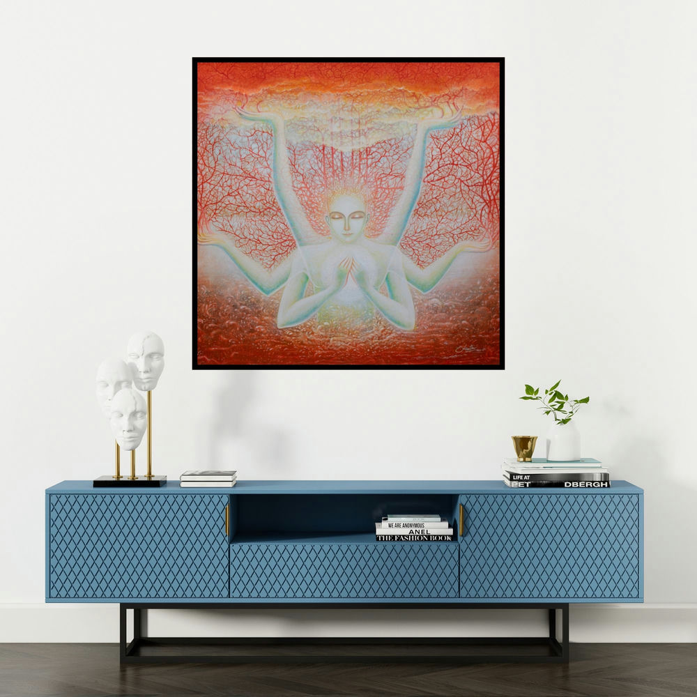'Introspection (Cosmic Consciousness)' painting by Anil Kumar Vishwakarma shown on a wall in a furnished room.