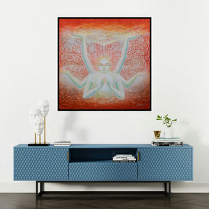 'Introspection (Cosmic Consciousness)' painting by Anil Kumar Vishwakarma shown on a wall in a furnished room.