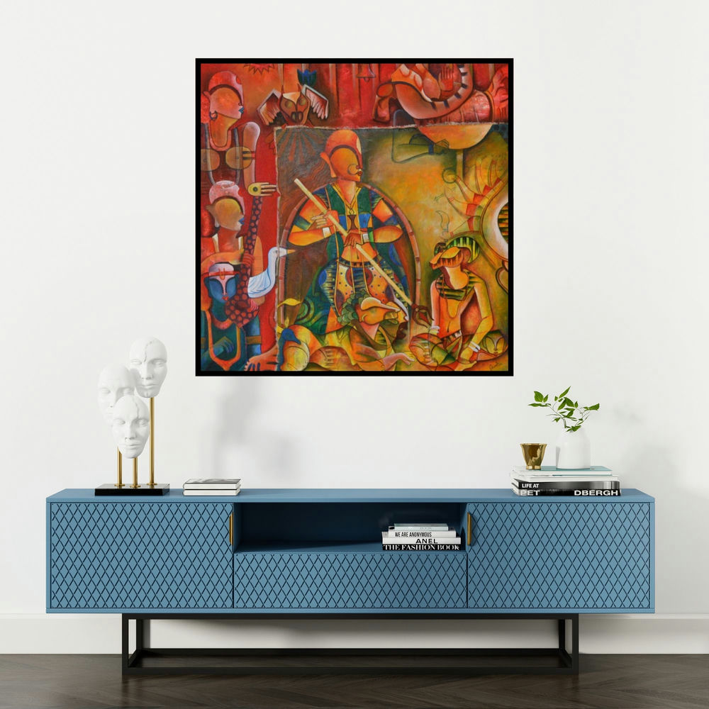 'The Invincible 1' painting by Anupam Pal shown on a wall in a furnished room.
