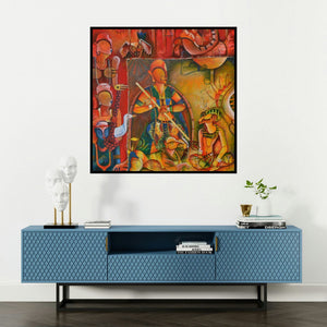 'The Invincible 1' painting by Anupam Pal shown on a wall in a furnished room.