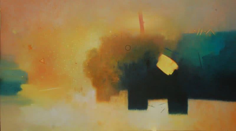 Abstract acrylic painting titled 'Involution 9', 66x120 inches, by artist Ganpat Bhadke on Canvas
