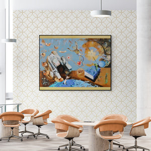 Preview of 'Iqra (Chronicles of Mind and Cosmos)' Painting by Zakir Hussain shown on a wall in a furnished room.