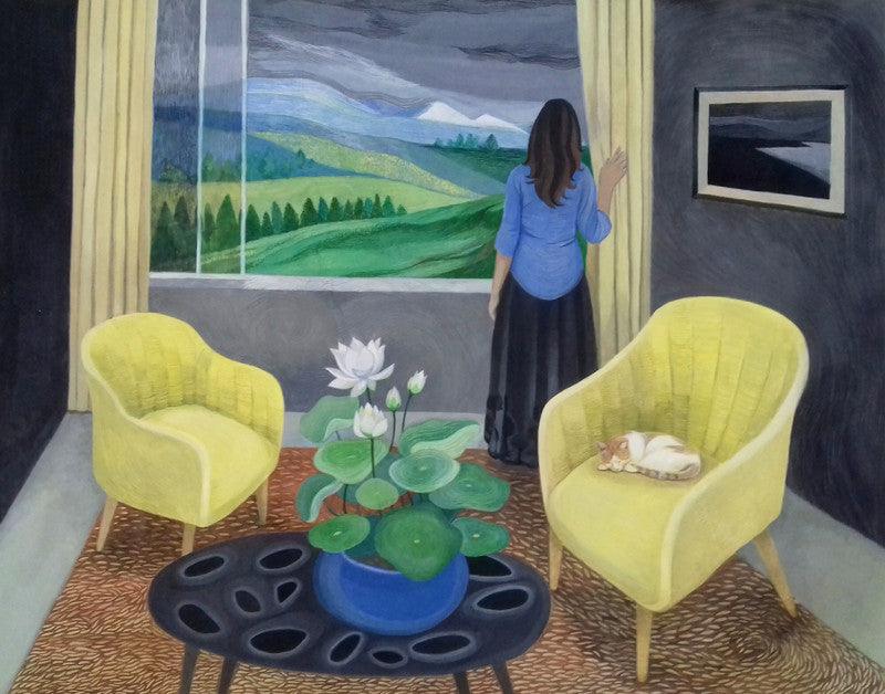 Figurative tempera painting titled 'Isolated', 18x24 inches, by artist Subhamita Sarkar on Paper Board