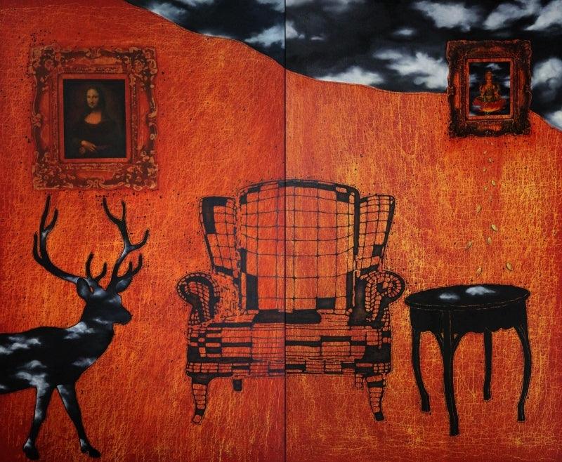 contemporary mixed media painting titled 'It Happens Some Times', 60x72 inches, by artist T Raju Gopalarao on Canvas