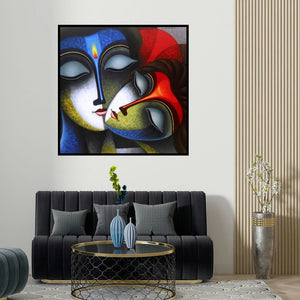 Santosh Chattopadhyay's 'Iternal Love (Divine Love Radha and Krishna)' painting visualized above a sofa in a contemporary room.