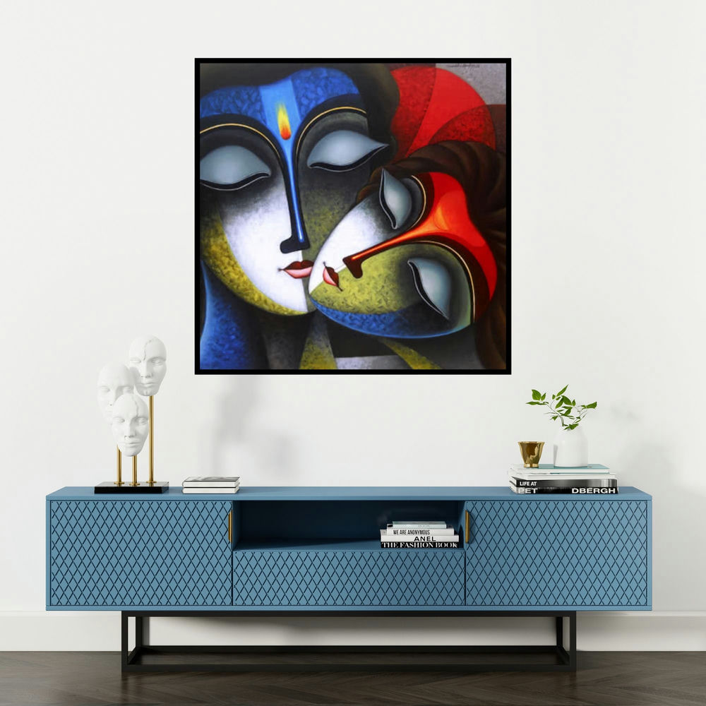'Iternal Love (Divine Love Radha and Krishna)' painting by Santosh Chattopadhyay shown on a wall in a furnished room.