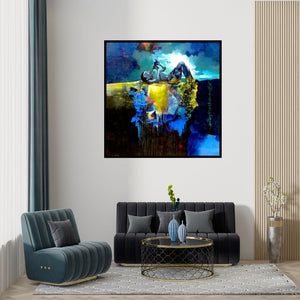 Preview of 'Its My Choice (Contemplation on the Cliff)' Painting by Pradip Sengupta shown on a wall in a furnished room.