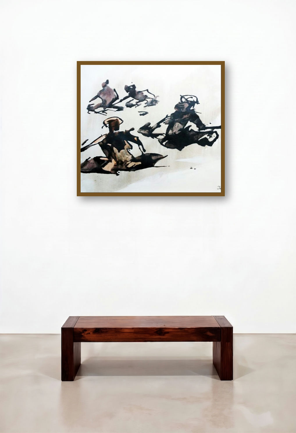 Its My Turn (Figures in Motion) by artist Tirthankar Biswas displayed in a Luxury Bedroom