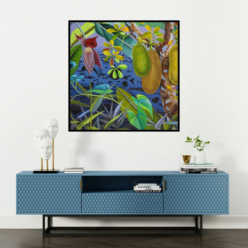 'Jackfruit 2' painting by Sanjay Kumar Biswal shown on a wall in a furnished room.