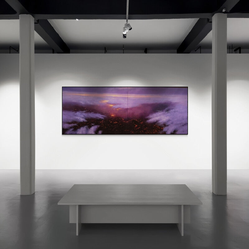In-situ view of Abhishek Acharya's 'Jag Darshan Ka Mela (Fiery Sunset Over the Mountains)' painting in a room
