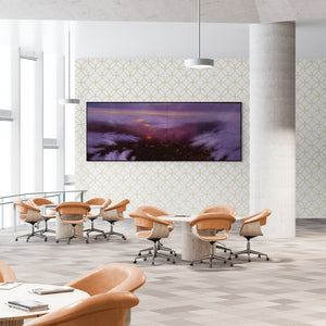 Abhishek Acharya's painting 'Jag Darshan Ka Mela (Fiery Sunset Over the Mountains)' displayed in a modern living room setting