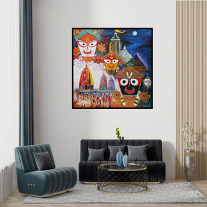 Preview of 'Jagannth Rath Yatra (Rath Yatra A Journey of Devotion)' Painting by Arjun Das shown on a wall in a furnished room.