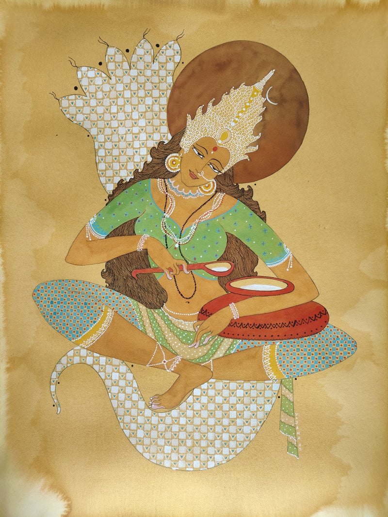 Jagatjanani' religious mixed-media painting by artist Yojana Dehankar, 30x22 inch, on paper