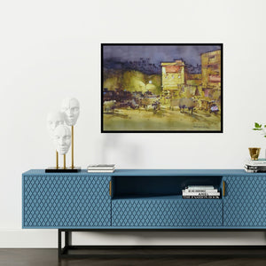 Preview of 'Jaipur Night (Street Scene at Night)' Painting by Amol Dubhele shown on a wall in a furnished room.