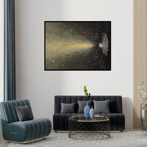 Preview of 'Jaise Paat Gire Taruvar Ke (Light Within Darkness)' Painting by Abhishek Acharya shown on a wall in a furnished room.