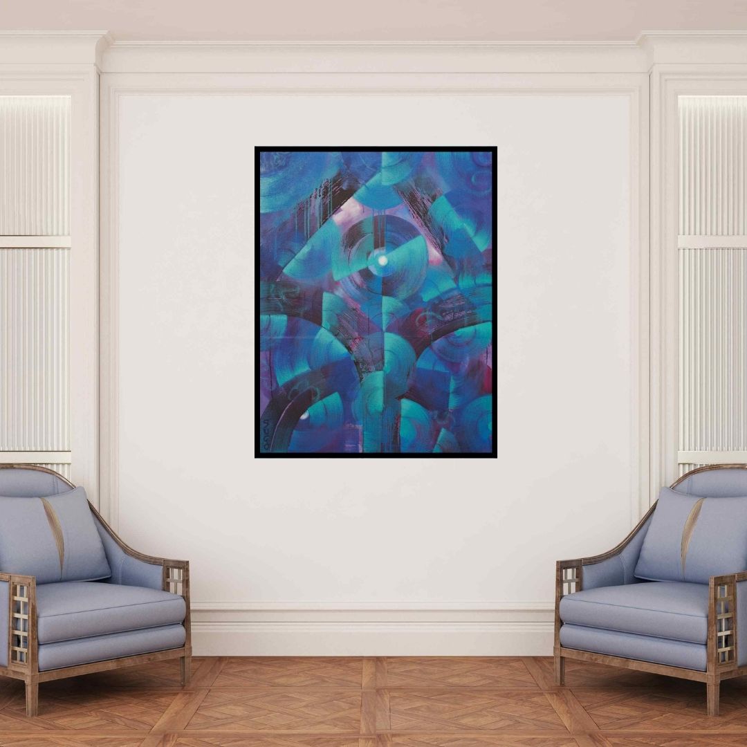 In-situ view of Subhash Gondhale's 'Jal (Untitled)' painting in a room