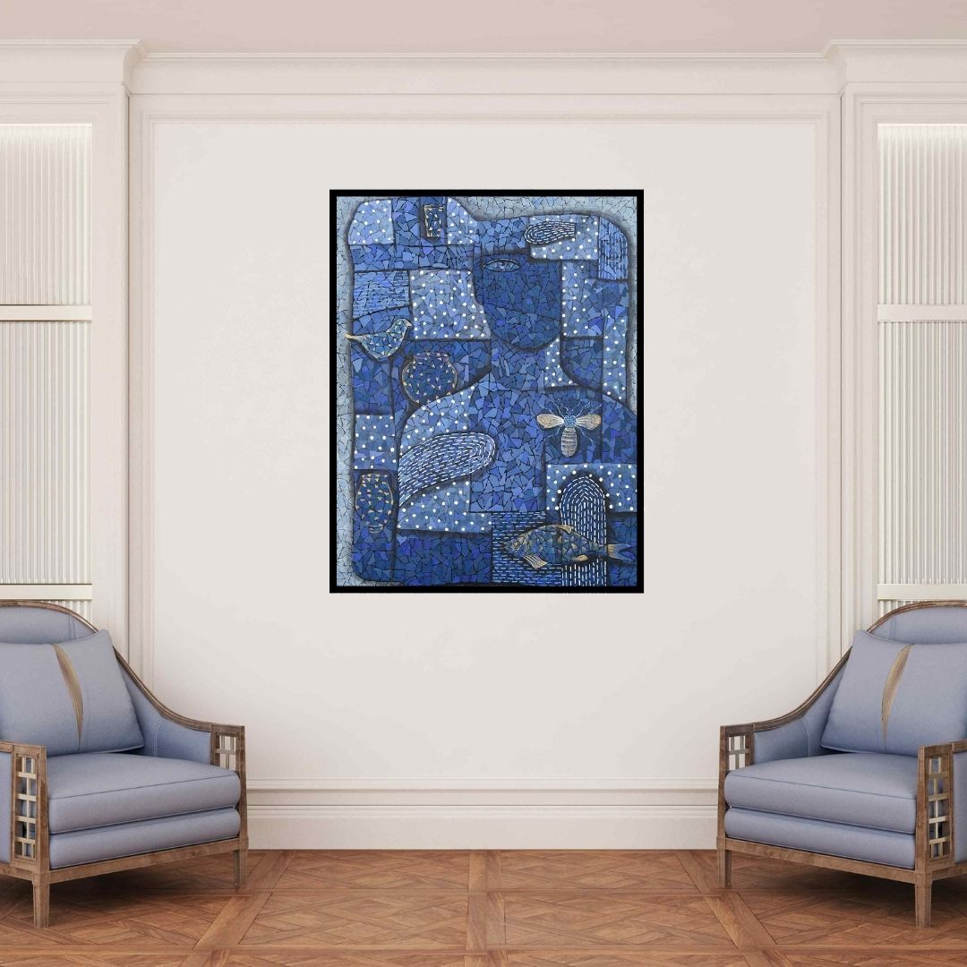 In-situ view of Pravin Randive's 'Jalakar (A World of Blues)' painting in a room