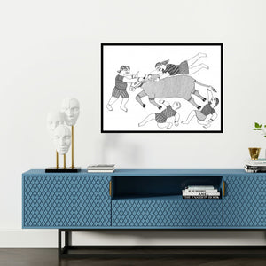 Preview of 'The Jalikattu Celebration' Painting by Avinash Karn shown on a wall in a furnished room.