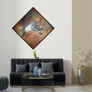 Vignesh Kumar's 'Jallikattu' painting visualized above a sofa in a contemporary room.