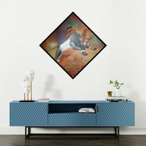 'Jallikattu' painting by Vignesh Kumar shown on a wall in a furnished room.