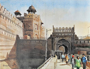 Jama Masjid (Majestic Red Fort**) by Ranabir Saha, Original Acrylic Cityscape Painting on Canvas, Small Horizontal Wall Art