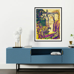 'Jamalpur Darwaza (A Vibrant Market Gateway)' painting by Vrindavan Solanki shown on a wall in a furnished room.