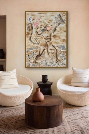 Jay Shri Ram Jay Hanuman (Hanuman's Heroic Feat) by artist Kamal Rana displayed in a Minimalist gallery