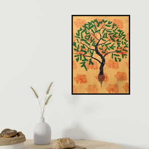 Sumit Mehndiratta's 'Jaya Vriksh (Tree of Life with Elephant Motifs)' painting visualized above a sofa in a contemporary room.