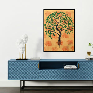 'Jaya Vriksh (Tree of Life with Elephant Motifs)' painting by Sumit Mehndiratta shown on a wall in a furnished room.