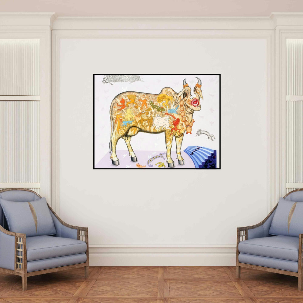 'Jeevan Ek Rangmanch (The Dreaming Cow)' painting by Fayyaz Khan shown on a wall in a furnished room.