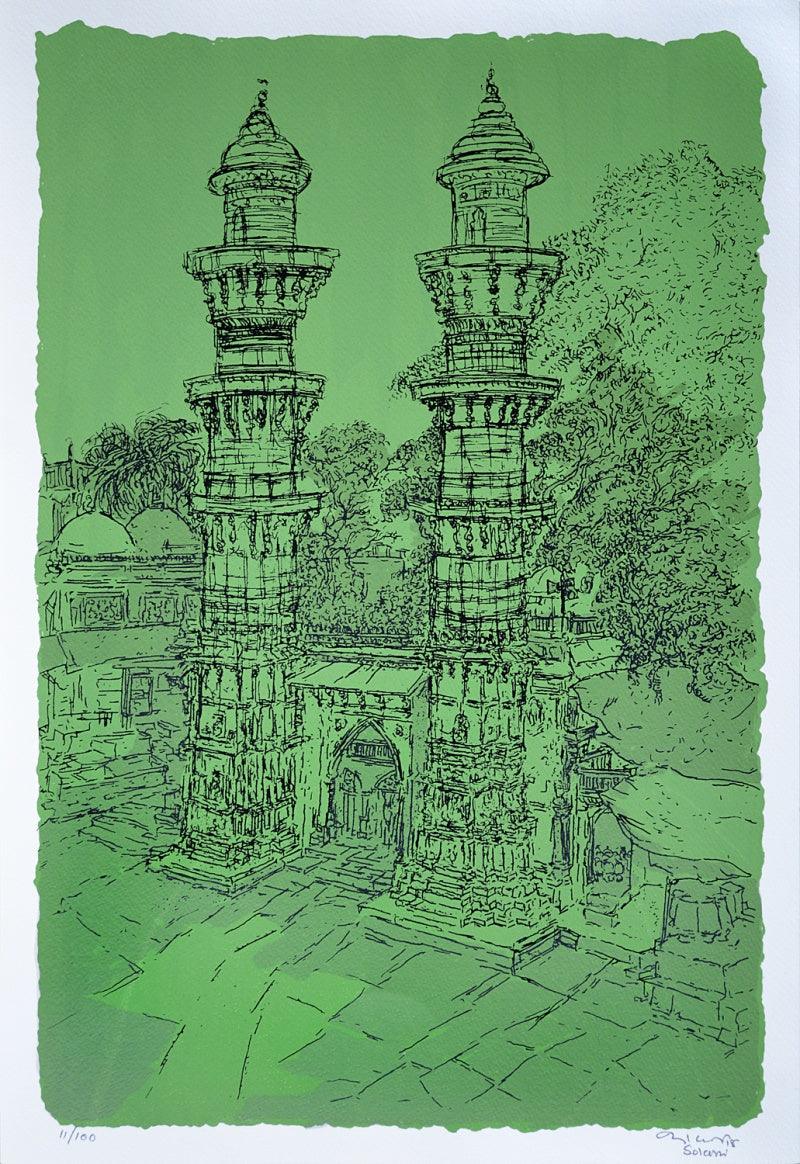 Cityscape serigraphs painting titled 'Jhulta Minaras', 22x15 inches, by artist Vrindavan Solanki on Paper