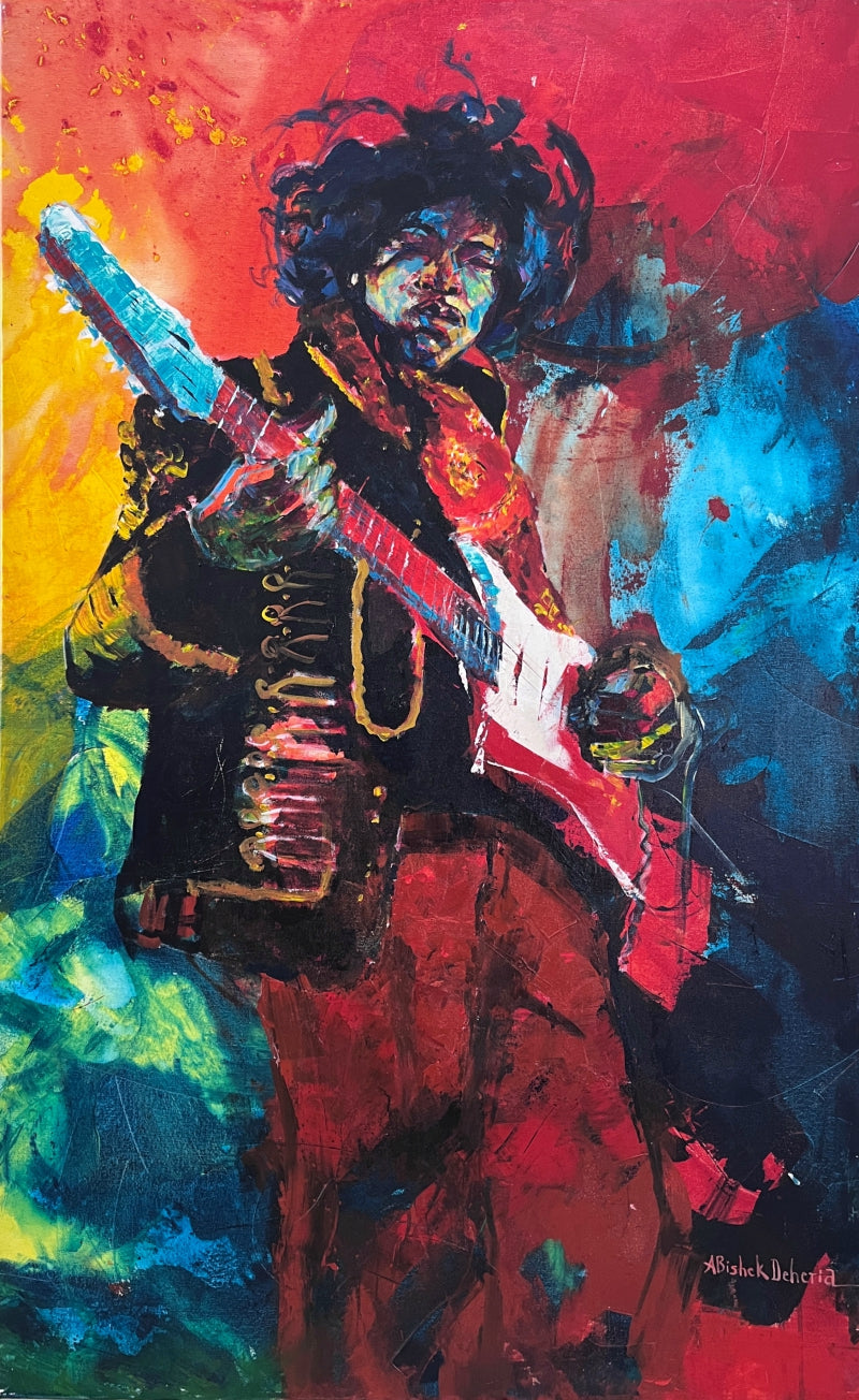 Jimi Hendrix' figurative acrylic painting by artist ABishek Deheria, 60x36 inch, on canvas