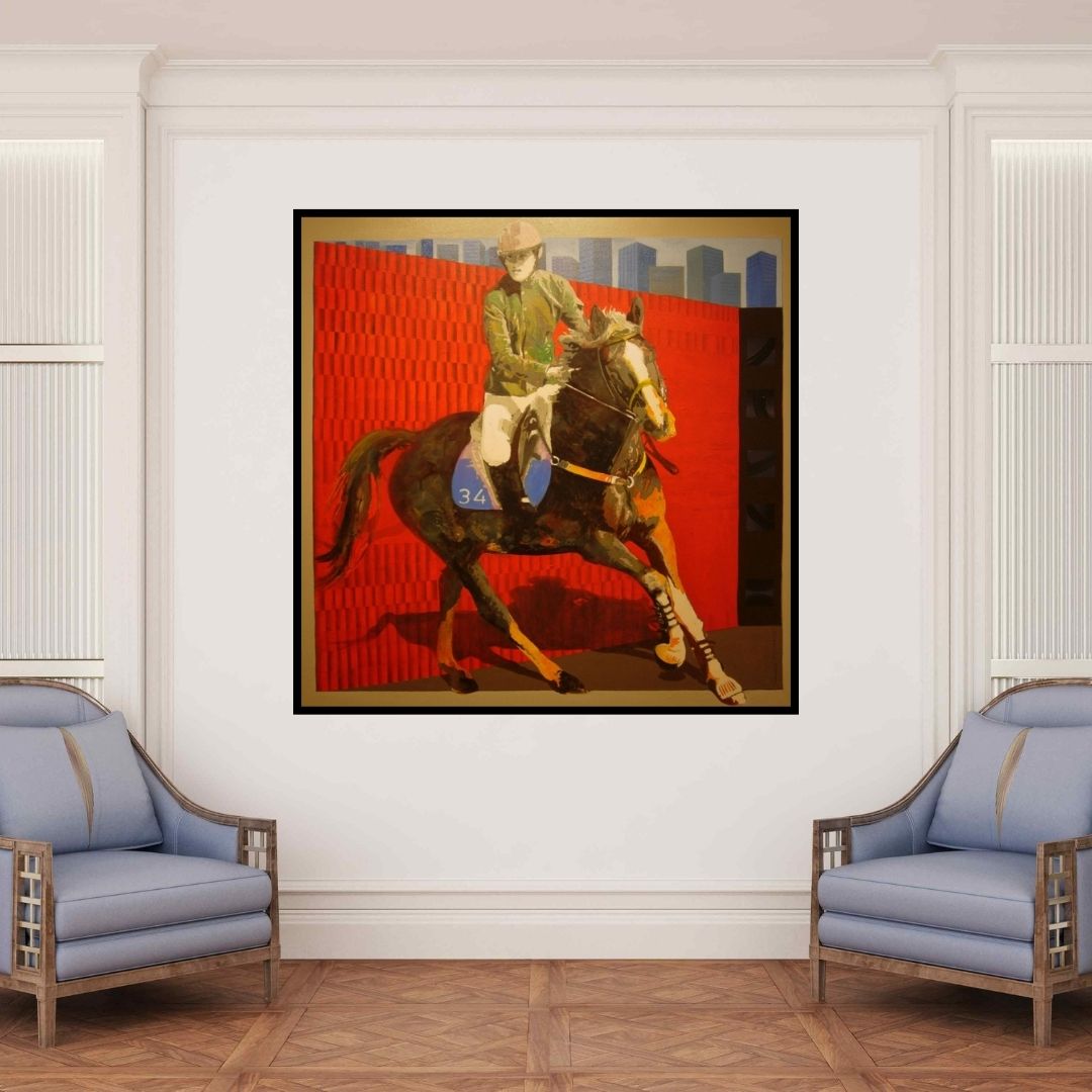 In-situ view of Nayanjeet Nikam's 'Jockey 1 (The Race)' painting in a room