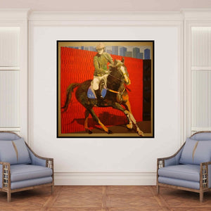 In-situ view of Nayanjeet Nikam's 'Jockey 1 (The Race)' painting in a room
