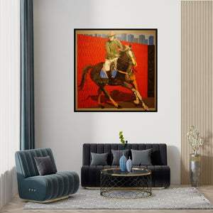 Preview of 'Jockey 1 (The Race)' Painting by Nayanjeet Nikam shown on a wall in a furnished room.