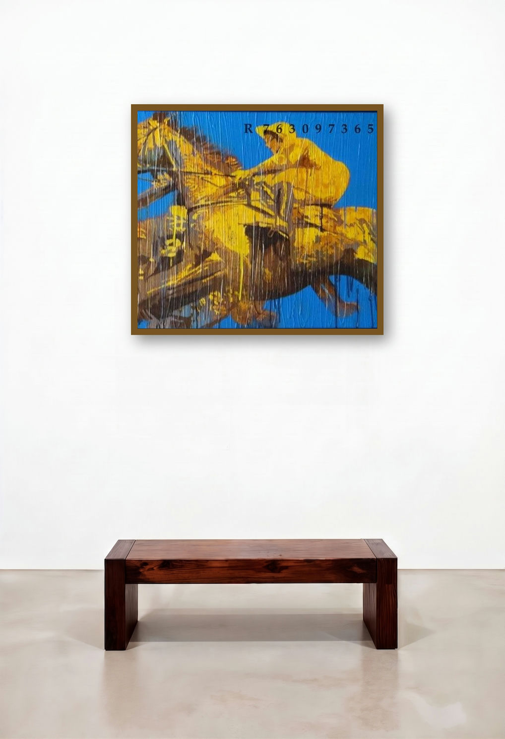 Jockey 2 (Golden Jockey) by artist Nayanjeet Nikam displayed in a Rustic Home Office