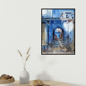 Sanjay Dhawale's 'Jodhpur (Blue City Glimpse)' painting visualized above a sofa in a contemporary room.