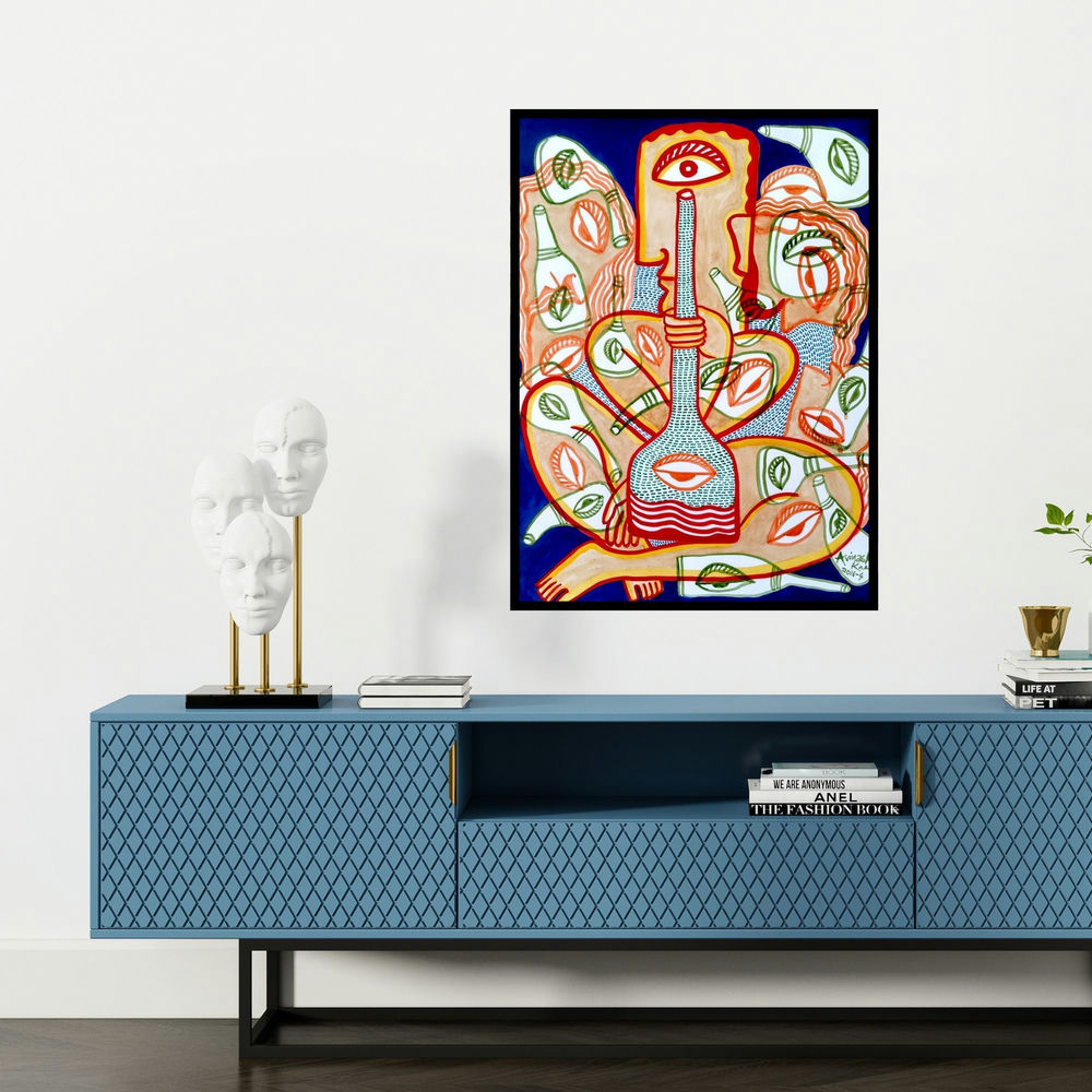 'Joie De Vivre' painting by Avinash Karn shown on a wall in a furnished room.