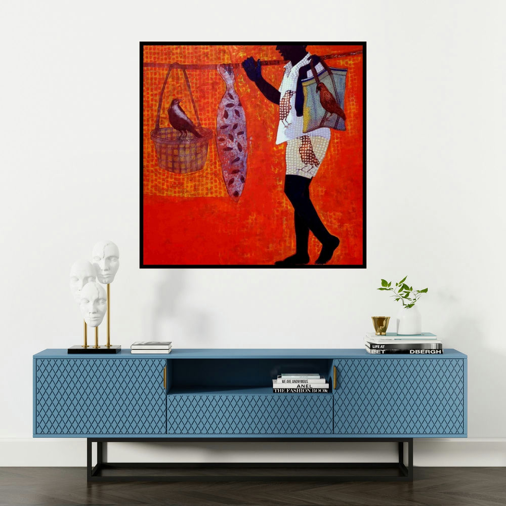 'Journey (The Fishmonger)' painting by Harshada Kolapkar shown on a wall in a furnished room.