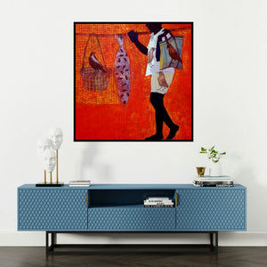 'Journey (The Fishmonger)' painting by Harshada Kolapkar shown on a wall in a furnished room.