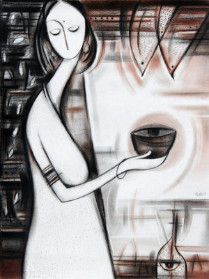 Journey Iv (The Seer: A Symbolic Offering) by Dattatraya Thombare, Original Acrylic Figurative Painting on Canvas, Small Vertical Wall Art