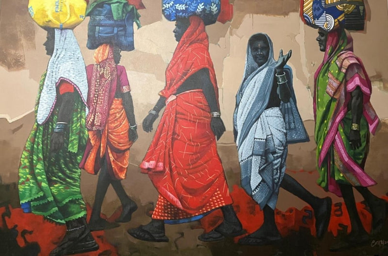 'Journey Of Joy 2' figurative acrylic painting by artist Navnath Kshirsagar, 48x72 inch, on canvas