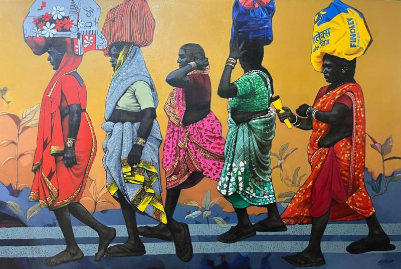 'Journey Of Joy' figurative acrylic painting by artist Navnath Kshirsagar, 48x72 inch, on canvas